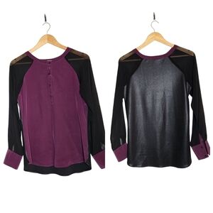 SILK! LIV Los Angeles long sleeve black coated , plum silk blouse.